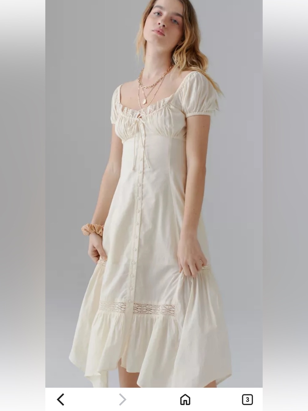 BDG Cream Button-Front Midi Dress with Puff Sleeves